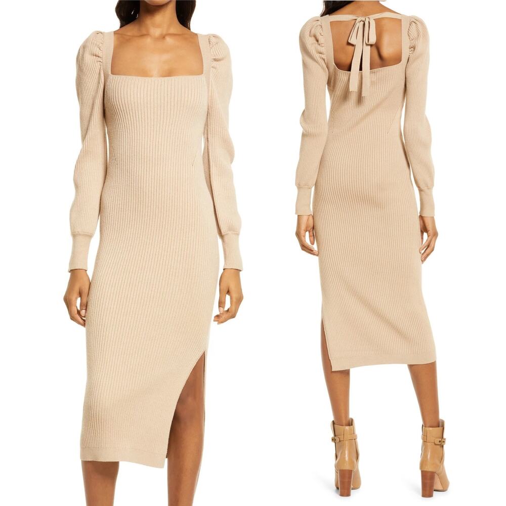 Coquette Pointelle Square Neck Tie Back Puff Sleeve Sweater Dress Tan Sz L NWT